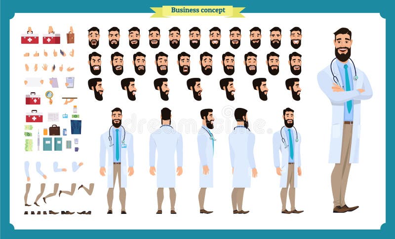 Front, side, back view animated character. Doctor character creation set with various views