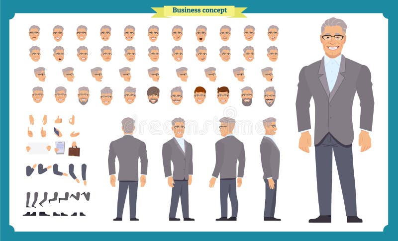 Front, side, back view animated character. Manager character creation set with various views, hairstyles, face emotions, poses