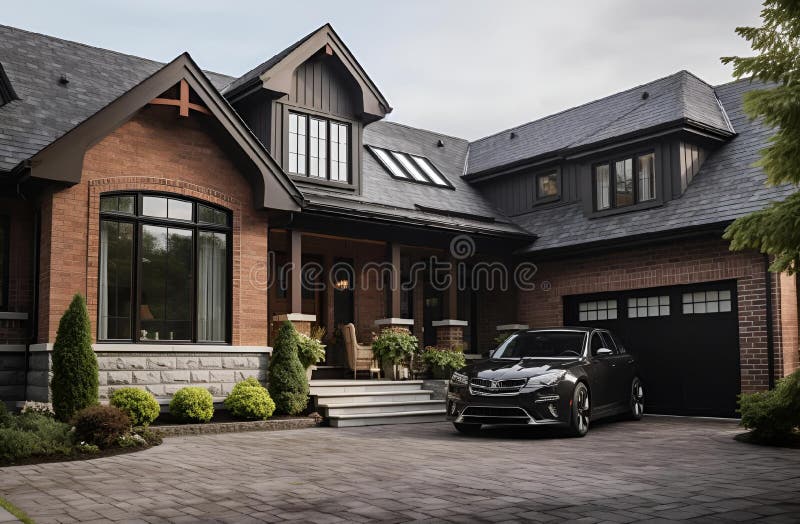 The front and side view of a car parked in front of a house vector illustration