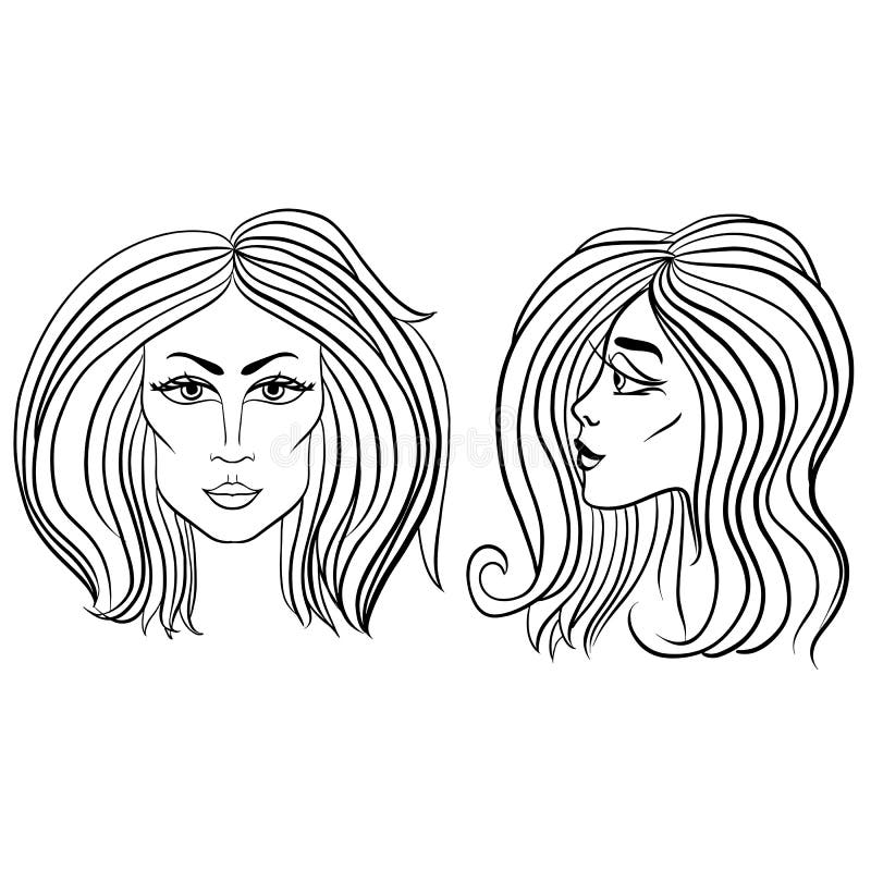 Front and Side View of Woman Face with Beautiful Hair. Black and White