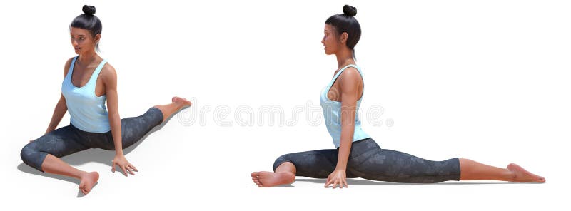 Front three-quarters and Left Profile Poses of a Virtual Woman in Yoga Half Pigeon Pose