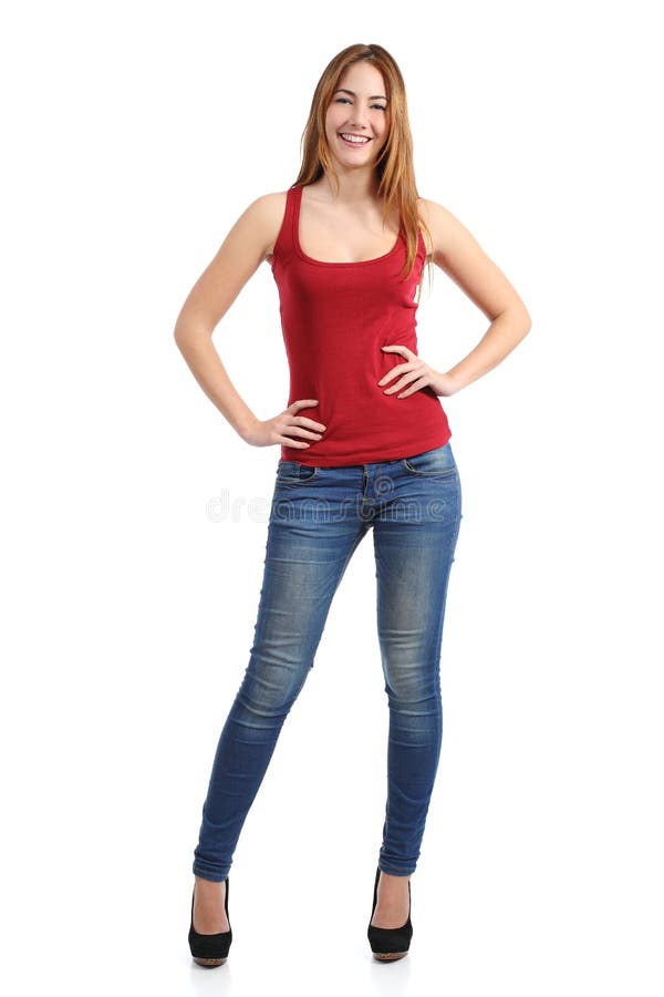 Front view of a beautiful standing woman model posing stock photos