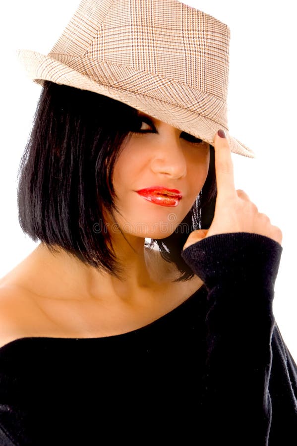 Front view of beautiful woman wearing hat