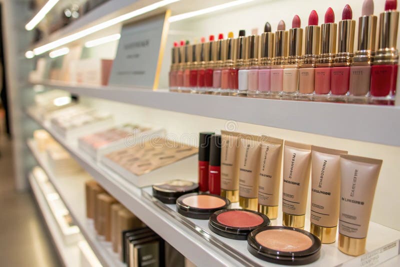 Front view of beauty products on shelf with copy space. A front view of beauty products neatly arranged on a shelf, leaving space for text or additional graphics