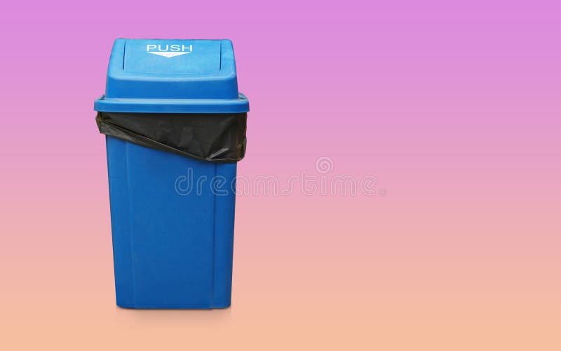 Front View Black Bag in the Blue Bin and Lid Plastic on Gradient Purple