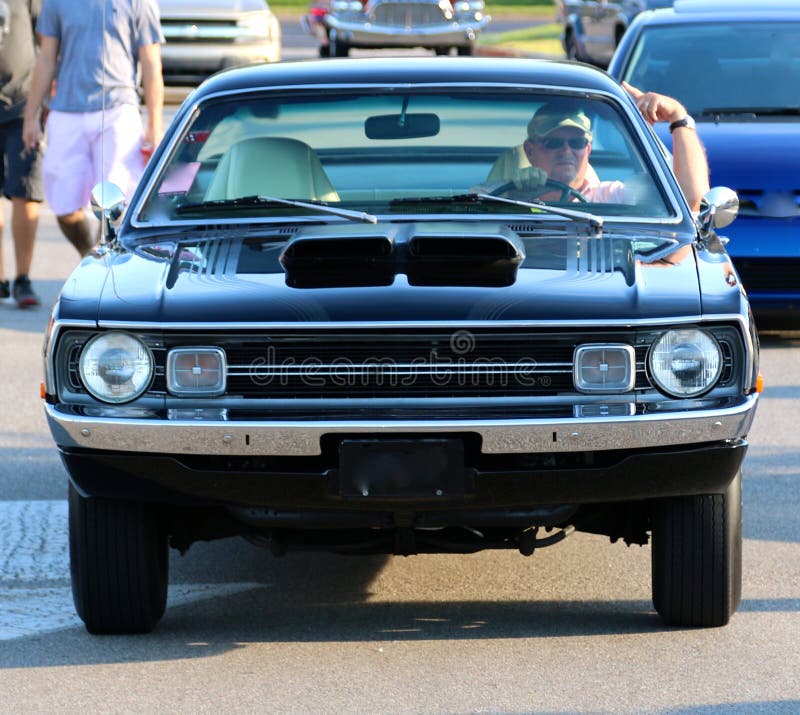 Front View of Black 1970's Model Dodge Demon Antique Car royalty free stock photography Front View of Black 1970's Model Dodge Demon Antique Car royalty free stock photography