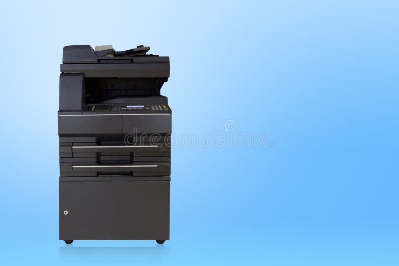 Front View Black and White Copier on Blue Background, Technology