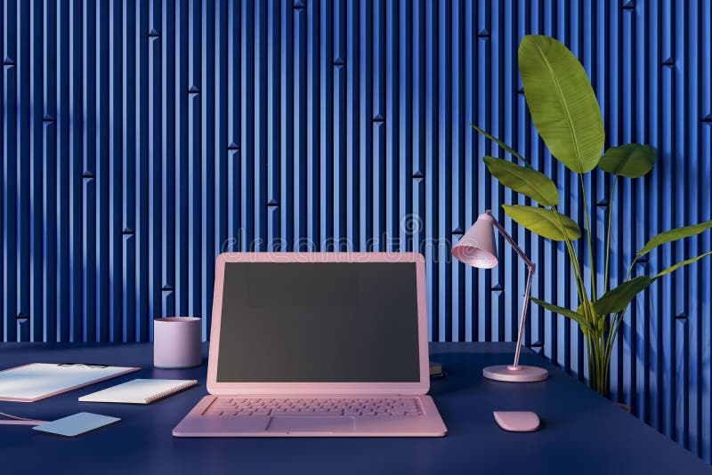 Front view on blank black screen of modern pink laptop with empty place on dark table with notebooks and coffee cup on blue royalty free illustration