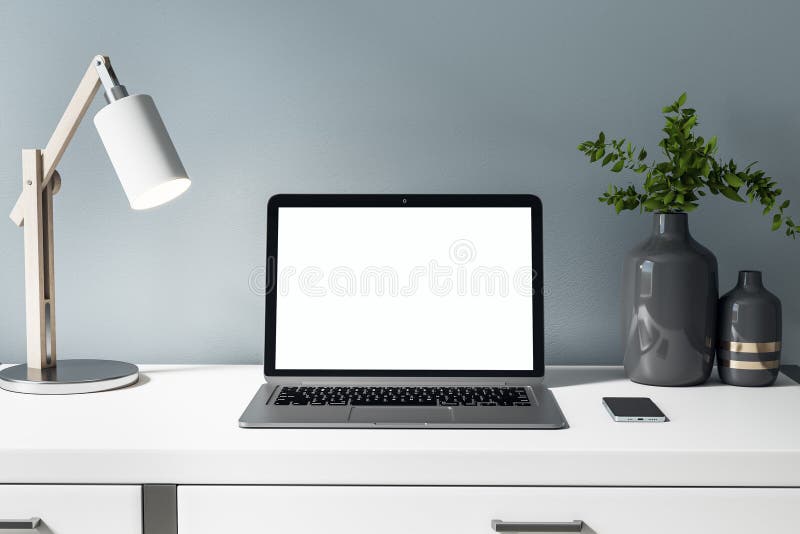 Front view on blank white laptop display on white table with stylish vase, lamp and smartphone. Mock up vector illustration