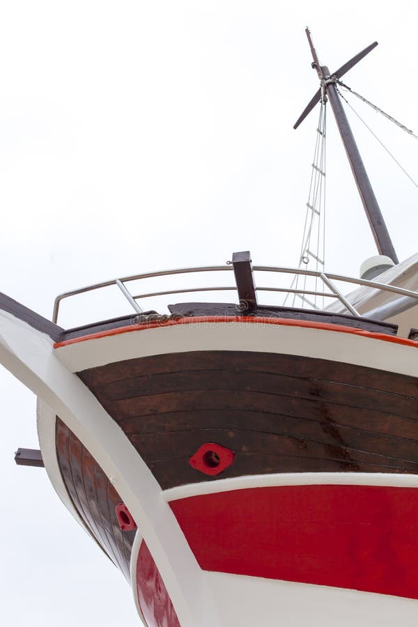 Front view, bow, of fresh painted ship stock images