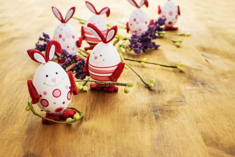 Easter Scene with Easter Bunny Eggs and Spring Flowers on Wood Stock ...