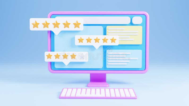 Front view Computer 3d. screen with customer feedback. Five stars from customer reviews. Social media comment. Website or stock illustration