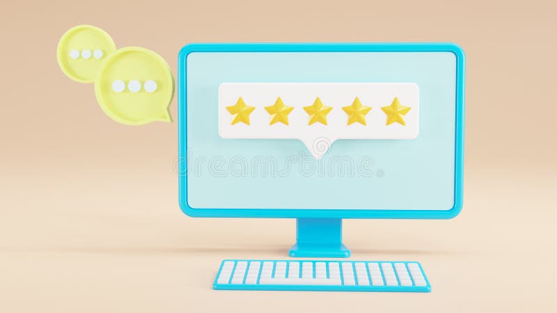 Front view Computer 3d. screen with customer feedback. Five stars from customer reviews. Social media comment. Website or stock illustration