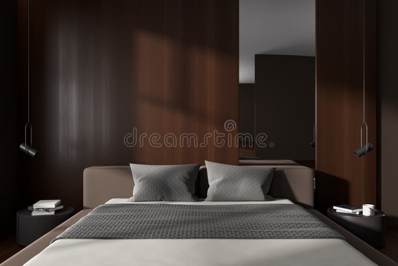 Front View on Dark Bedroom Interior with Bed, Bedsides Stock