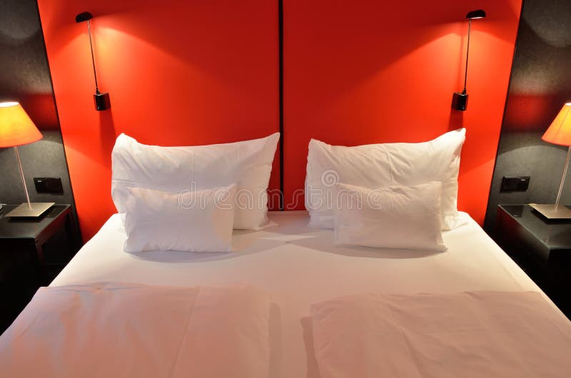 Double red bed stock image. Image of twin, pillow, front 31177731