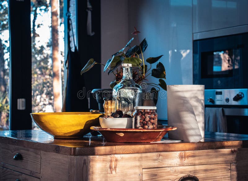 Front View of Elegant Interior with Wooden Kitchen Table. Full Wooden