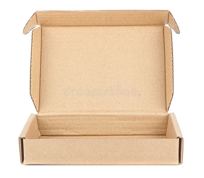 Download Front View Of Empty Flat Brown Carton Box With Open Lid Isolated On White Background Stock Image Image Of Empty Beige 192581643