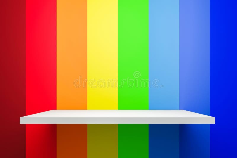 Front view of empty shelf on abstract rainbow gradient multi colors background with colorful concept. Display of room shelves for royalty free illustration