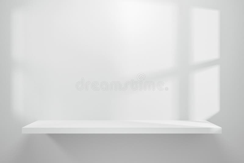 Front view of empty shelf on white table showcase and wall background with natural window light. Display of backdrop shelves for