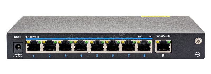 Front view of ethernet switch with 8 PoE support ports isolated on white background stock image