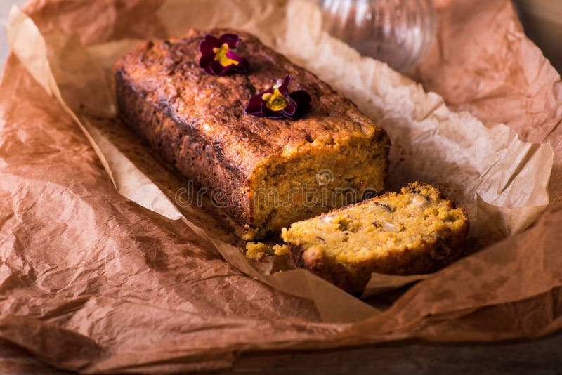 Front view of a fresh loaf of sweet potato cake