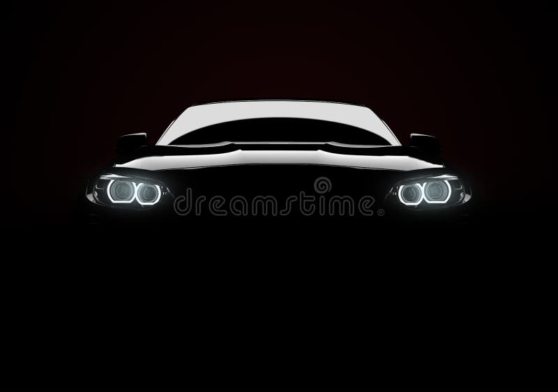 Front View of a Generic and Brandless Modern Car with Lights on a Black