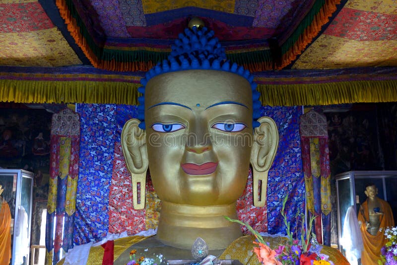 Front view of the gilded gold statue of Shakyamuni Buddha in Shey Gompa, a Tibetan monastery located near Leh in Ladakh, India.