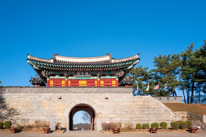 Front view of the Gwangseongbo Fortress, in the Gwangseongbo Fort, later named Anhaeru, meaning peaceful sea, South Korea royalty free stock image Front view of the Gwangseongbo Fortress, in the Gwangseongbo Fort, later named Anhaeru, meaning peaceful sea, South Korea royalty free stock image