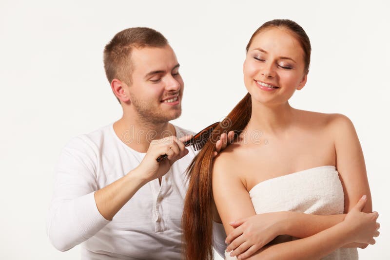 Cheerful Young Man Brushing Lady Hair. Stock Photo - Image of hairbrush, combing: 172095034 Cheerful Young Man Brushing Lady Hair. Stock Photo - Image of hairbrush, combing: 172095034