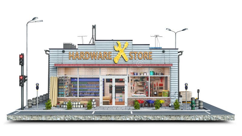 Front view on a hardware store building on a piece of ground stock illustration