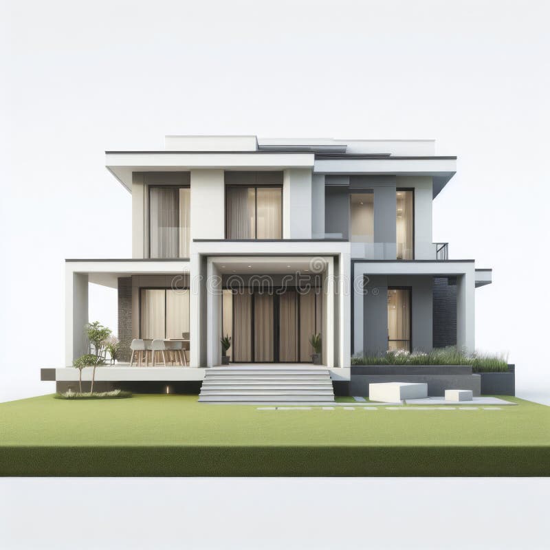Front View of a Isolated Modern House with a Big Lawn on White