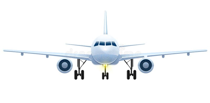 Front view of landing aircraft. Passenger air vehicle transport airplane for intercontinental flights and travel. Eps10 vector illustration isolated on white background. Front view of landing aircraft. Passenger air vehicle transport airplane for intercontinental flights and travel. Eps10 vector illustration isolated on white background.