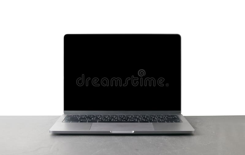 Front view of the laptop is on the work table stock images Front view of the laptop is on the work table stock images