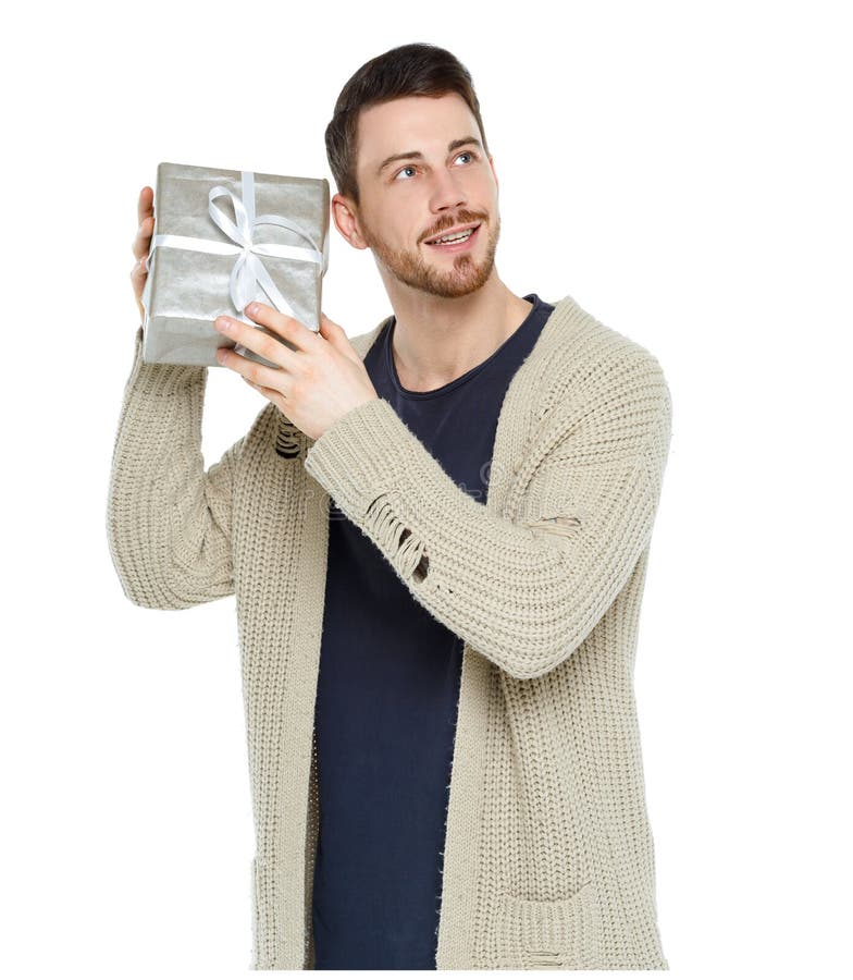 Front view of a man with a gift box royalty free stock images Front view of a man with a gift box royalty free stock images
