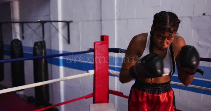 Mixed race woman getting knocked out in boxing ring from Pikwizard