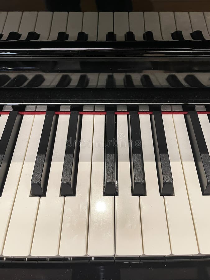 Front View of a Piano Keyboard with Its Reflection on the Lid, Full