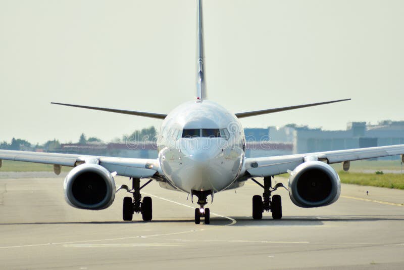 Front view of plane before takeoff