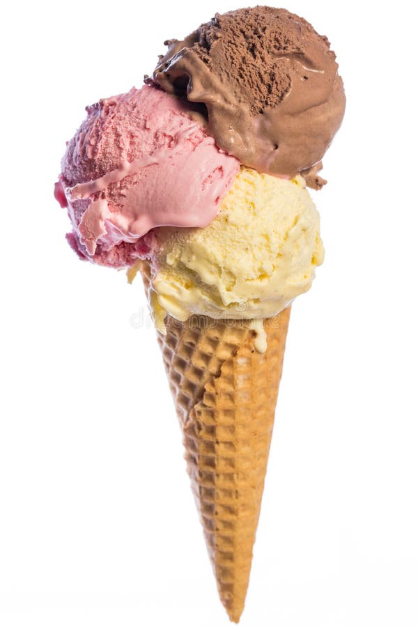 Front view of real edible ice cream cone with 3 different scoops of ice cream vanilla, chocolate, strawberry isolated on white