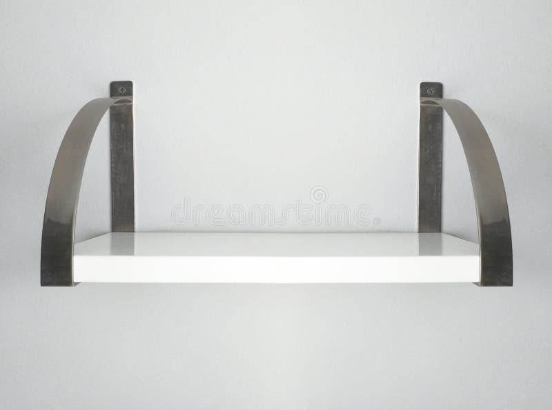 Empty floating shelf on white wall. Interior decoration background. Front view of rectangular white wall shelf with metal brackets. Simple and linear shelf with elegant and minimalist design. Empty floating shelf on white wall. Interior decoration background. Front view of rectangular white wall shelf with metal brackets. Simple and linear shelf with elegant and minimalist design.