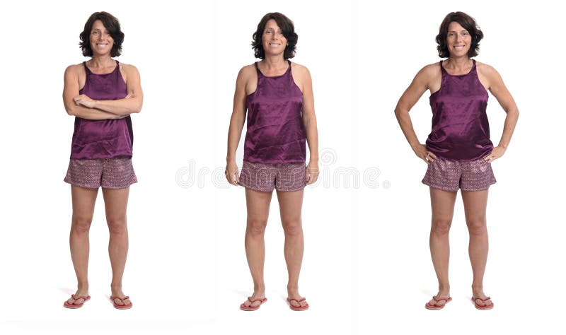 Front view of a same woman summer short pajamas on white background.
