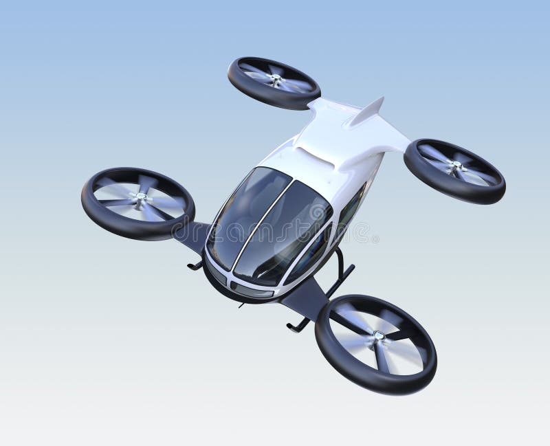 Front view of self-driving passenger drone flying in the sky stock illustration