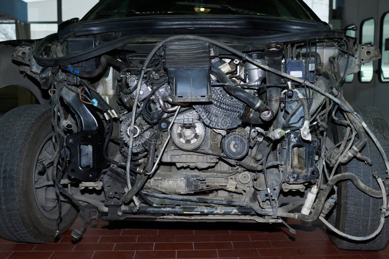 Front View of Car Engine Compartment Showing Exposed Mechanical Components stock images