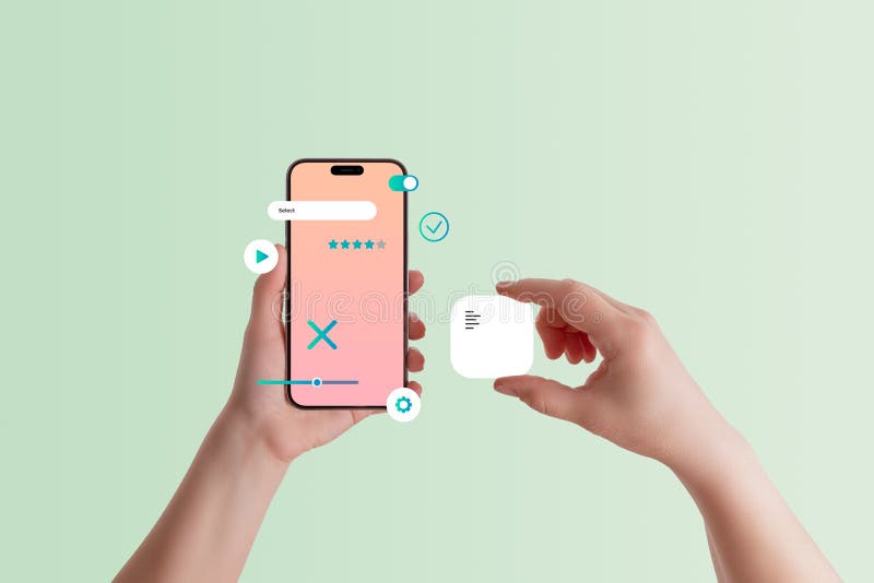 Front view of smartphone in hand, adding text box element to mobile application stock photo