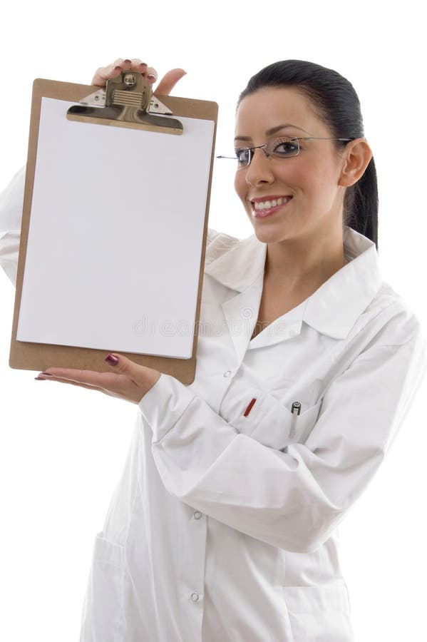 Front view of smiling doctor showing writing pad