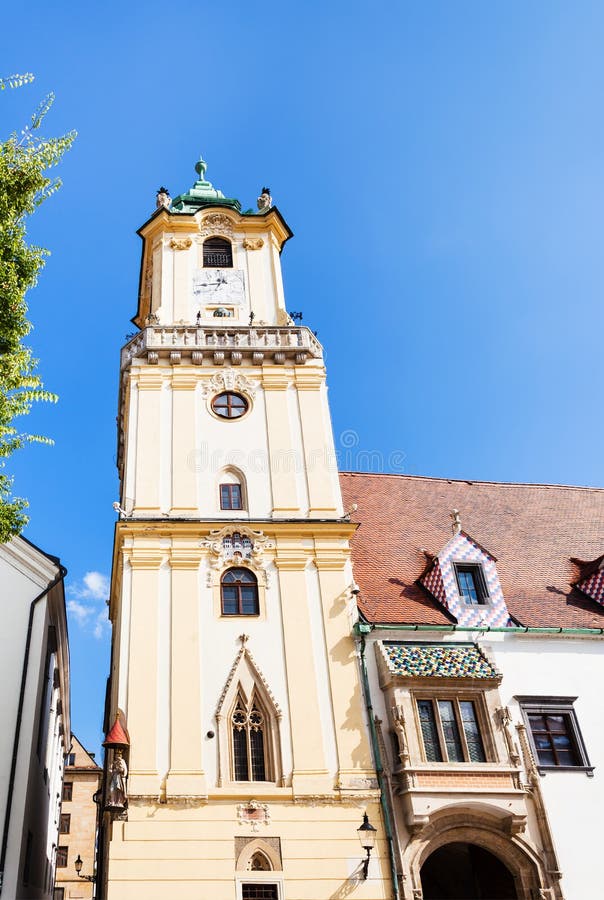 Front view of tower Old Town Hall in Bratislava