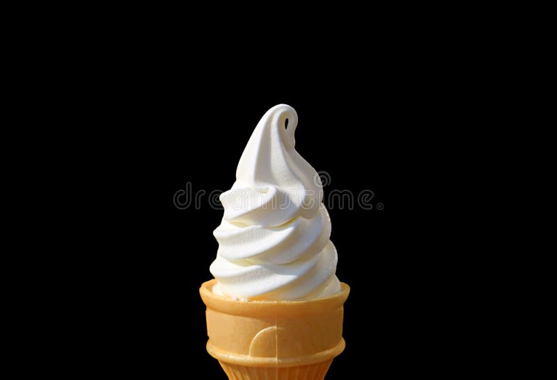 Front View of Vanilla Soft Serve Ice Cream Cone Isolated on Black Background