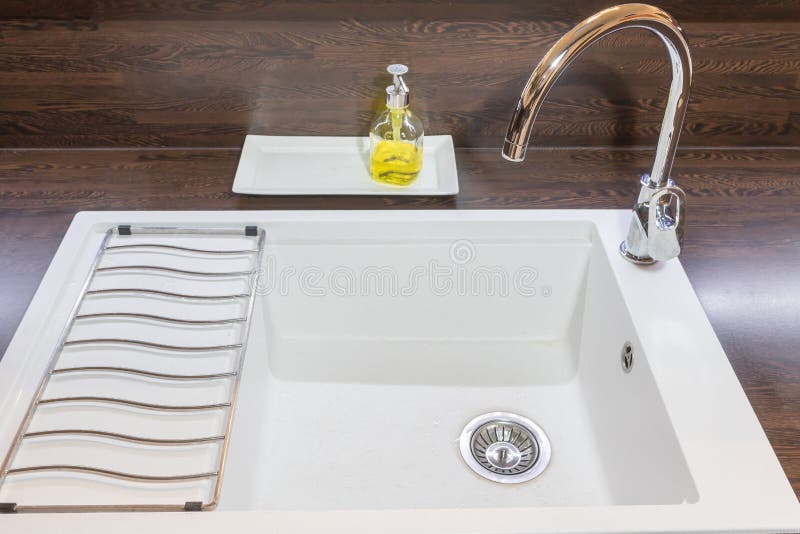 Front View of the White Empty Kitchen Sink. Stock Image - Image of