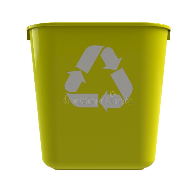 Front View of Yellow Recycling Bin on a White Background Stock