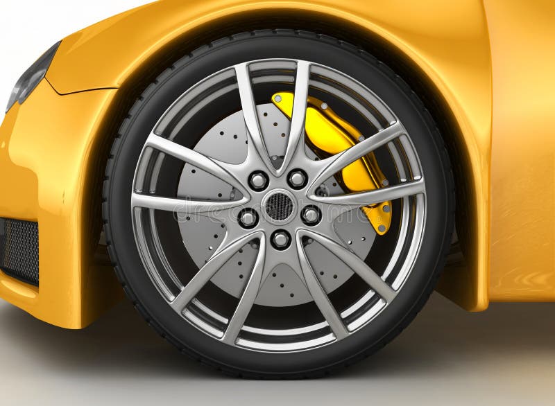 Front wheel of a bright yellow car