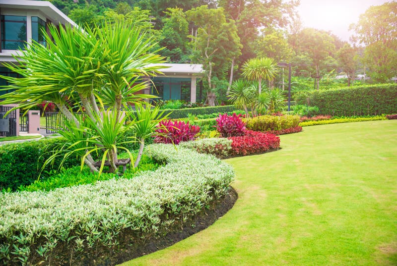 Front Yard. Landscape Design with Multicolored Shrubs Intersecting with  Bright Green Lawns Behind the House is a Modern Stock Photo - Image of  grass, home: 222318254